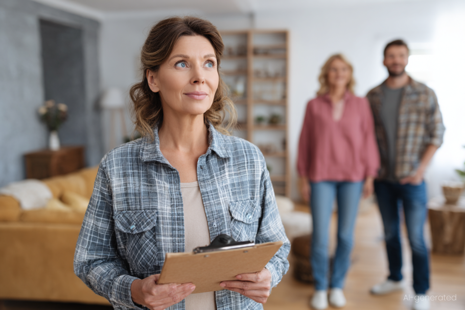 Eine Frau mit einem Klemmbrett in einer Ferienwohnung, hinter ihr ein Mann und eine Frau