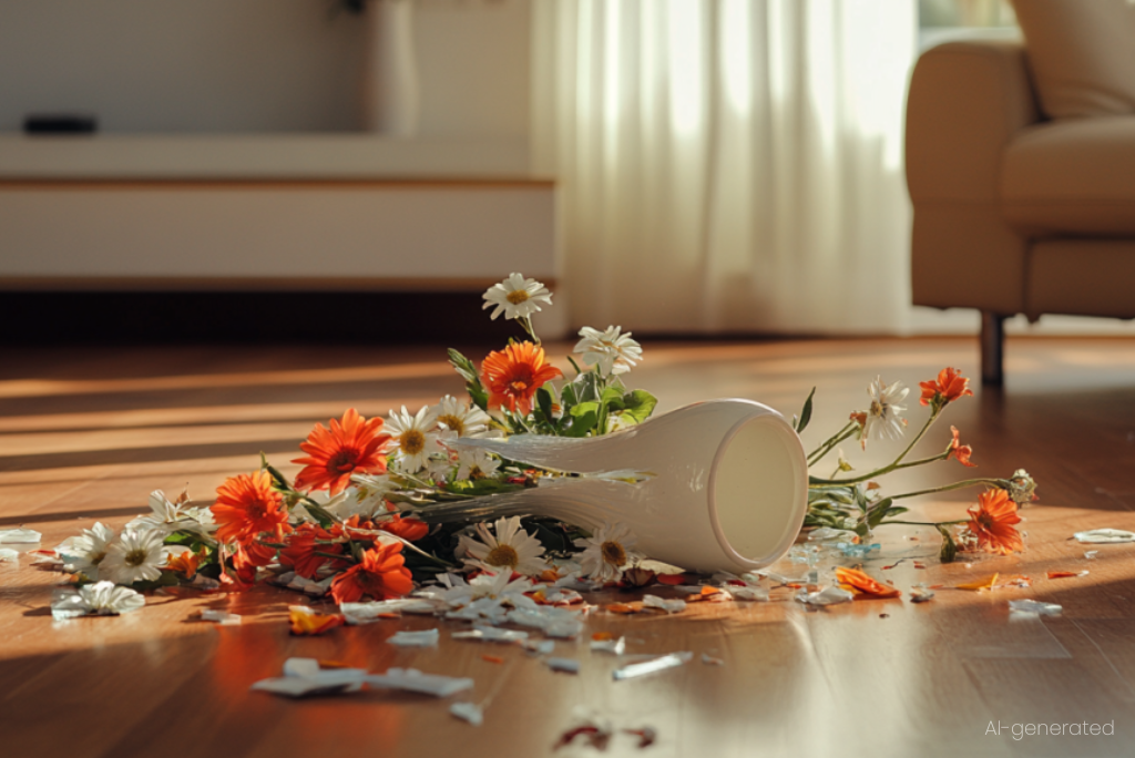 Eine zerbrochene Vase mit Blumen auf dem Boden